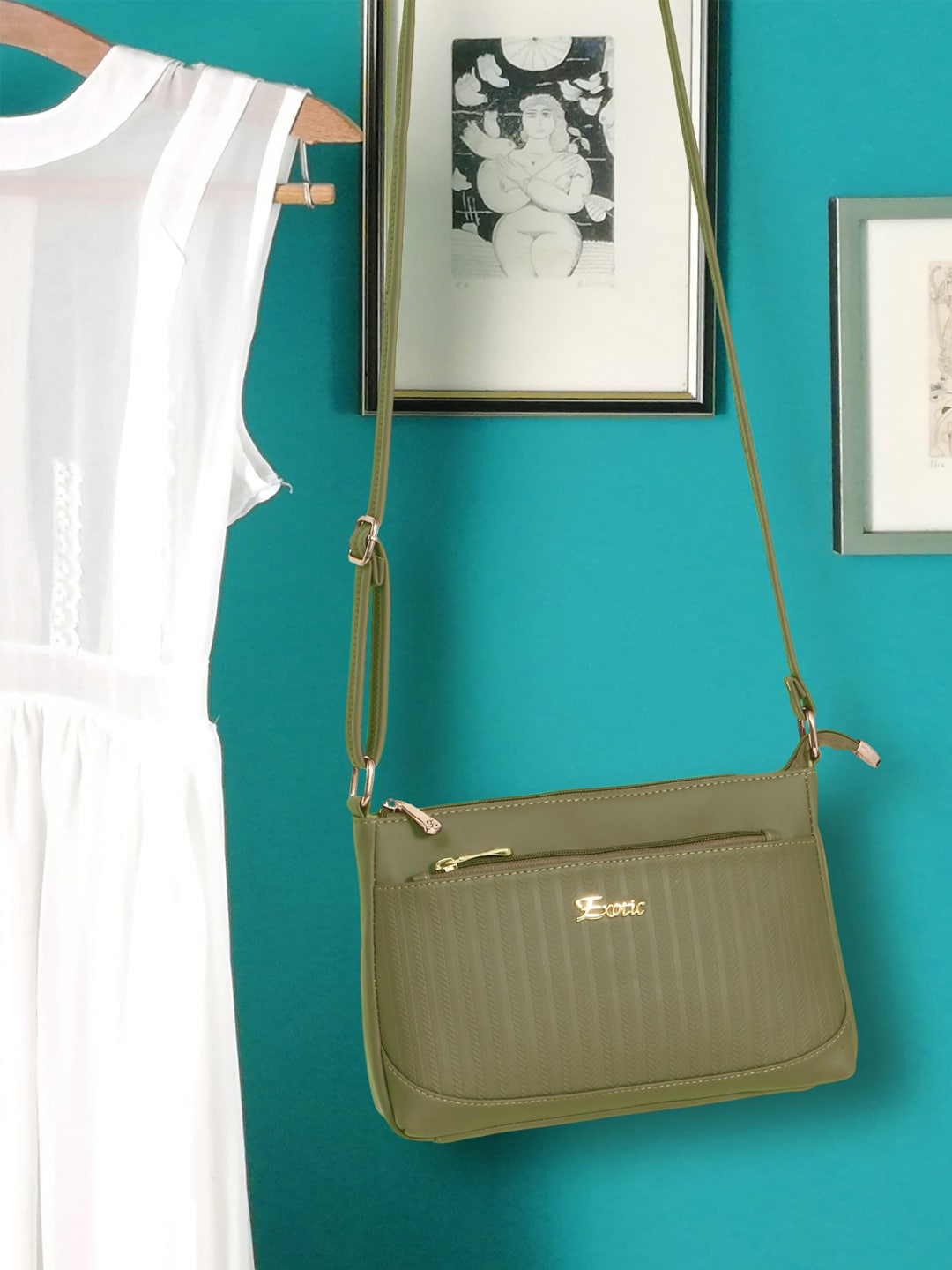 

Exotic Textured Structured Sling Bag, Olive