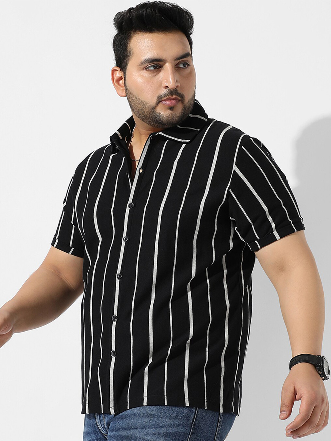 

Instafab Plus Plus Size Striped Spread Collar Cotton Casual Shirt, Black