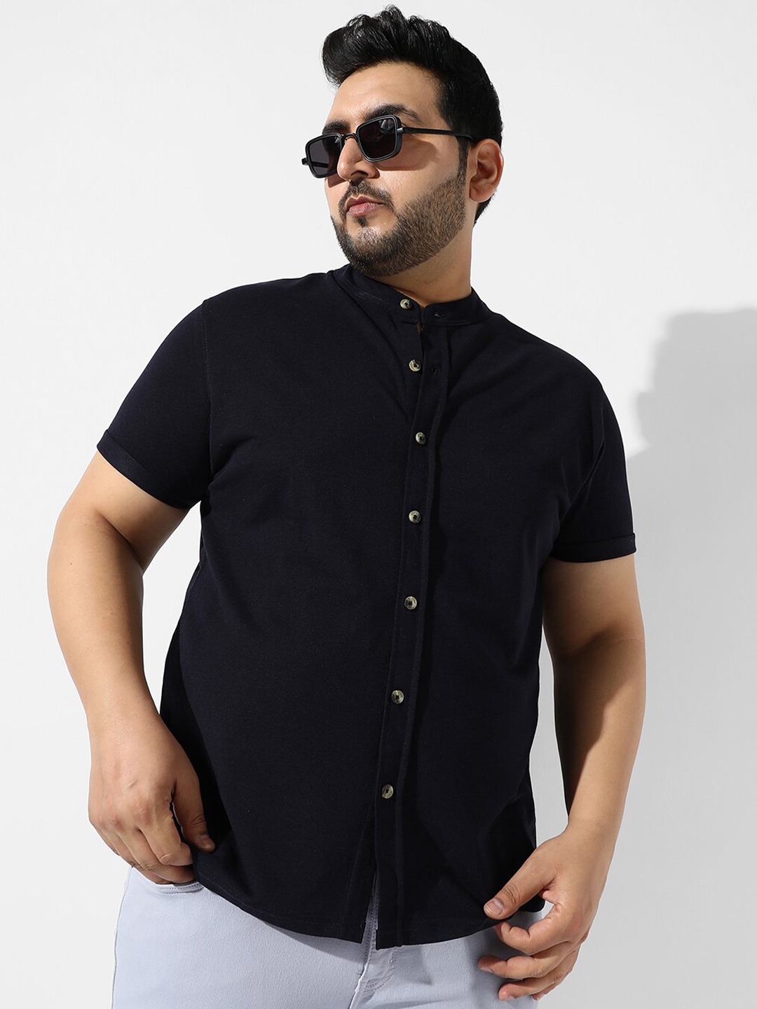 

Instafab Plus Plus Size Mandarin Collar Cotton Casual Shirt, Black