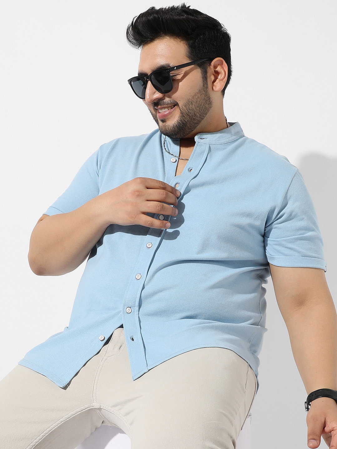 

Instafab Plus Plus Size Mandarin Collar Cotton Casual Shirt, Blue