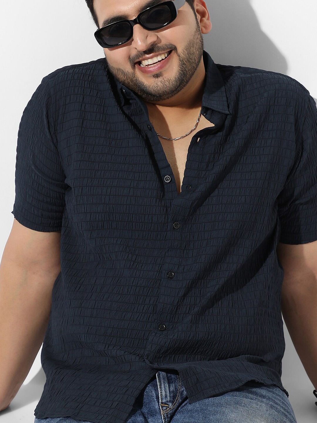 Instafab Plus Plus Size Self Design Spread Collar Casual Shirt, Navy blue