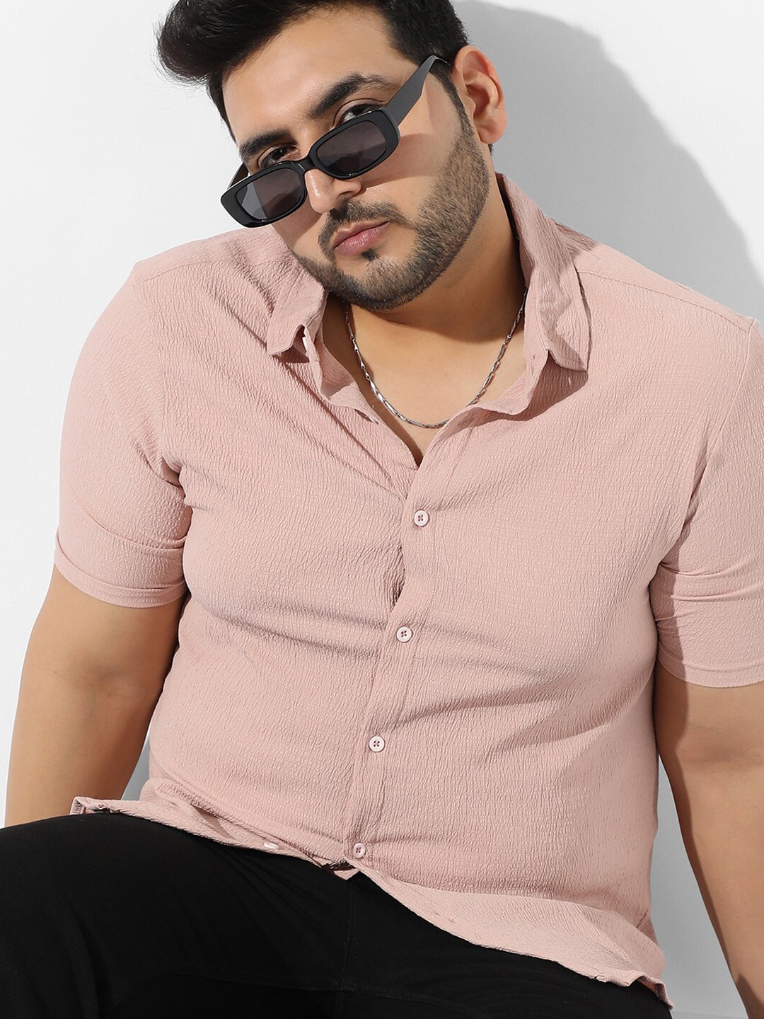 Instafab Plus Plus Size Textured Spread Collar Casual Shirt, Peach