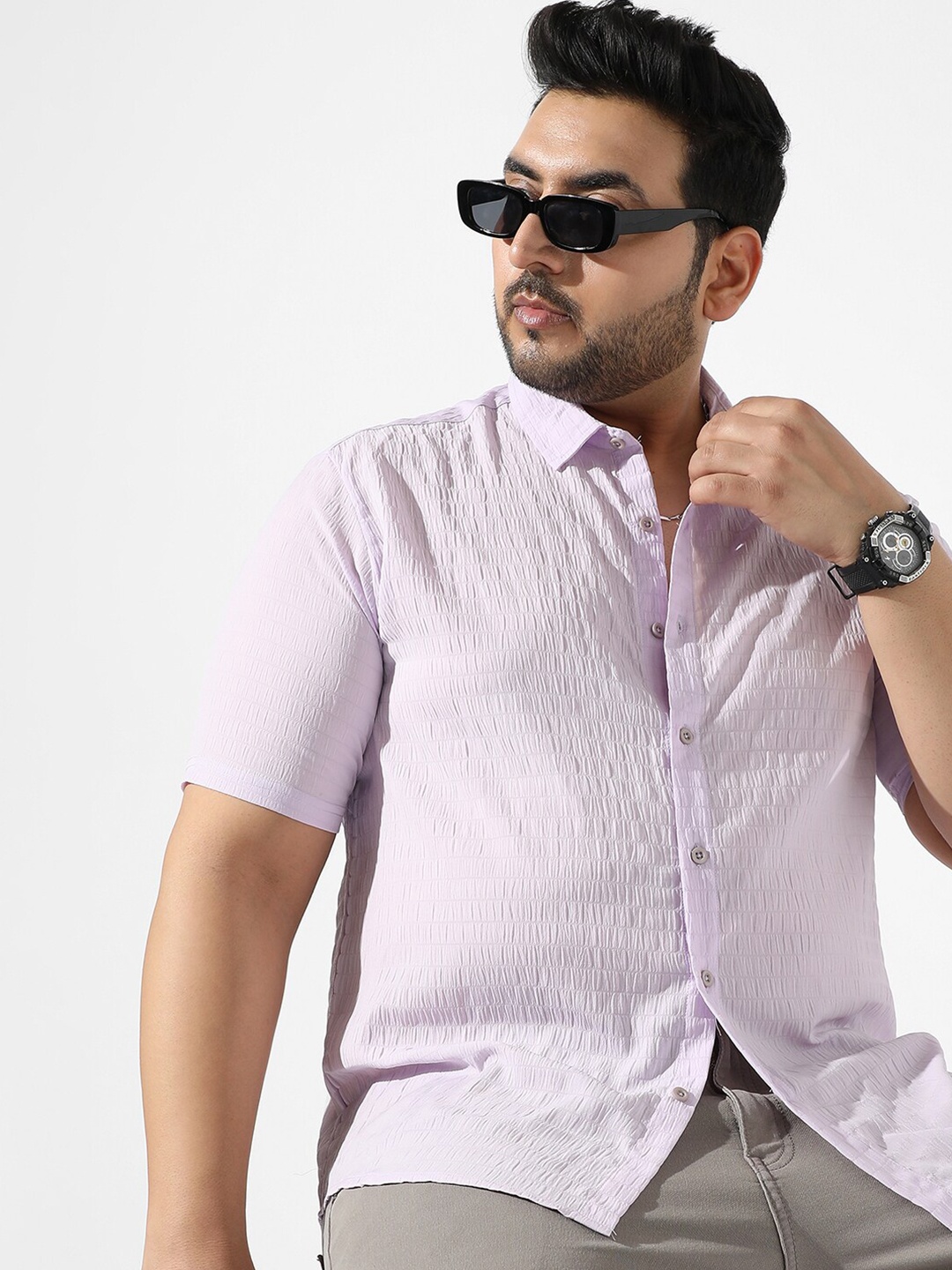 

Instafab Plus Plus Size Self Design Spread Collar Casual Shirt, Lavender