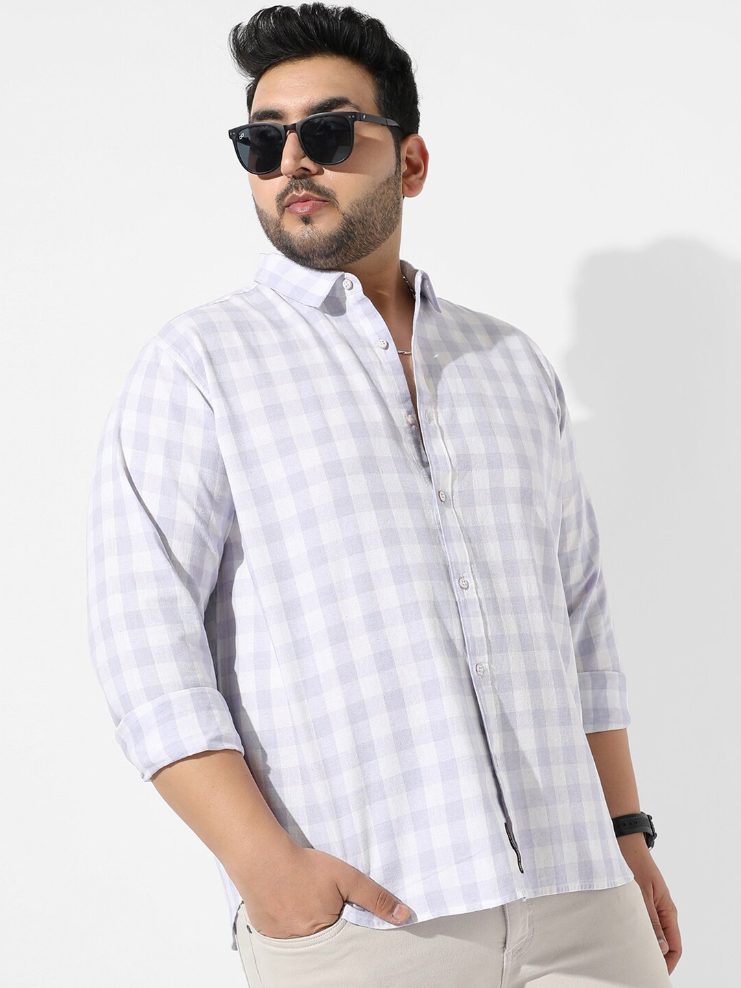 

Instafab Plus Plus Size Other Checks Spread Collar Cotton Casual Shirt, White