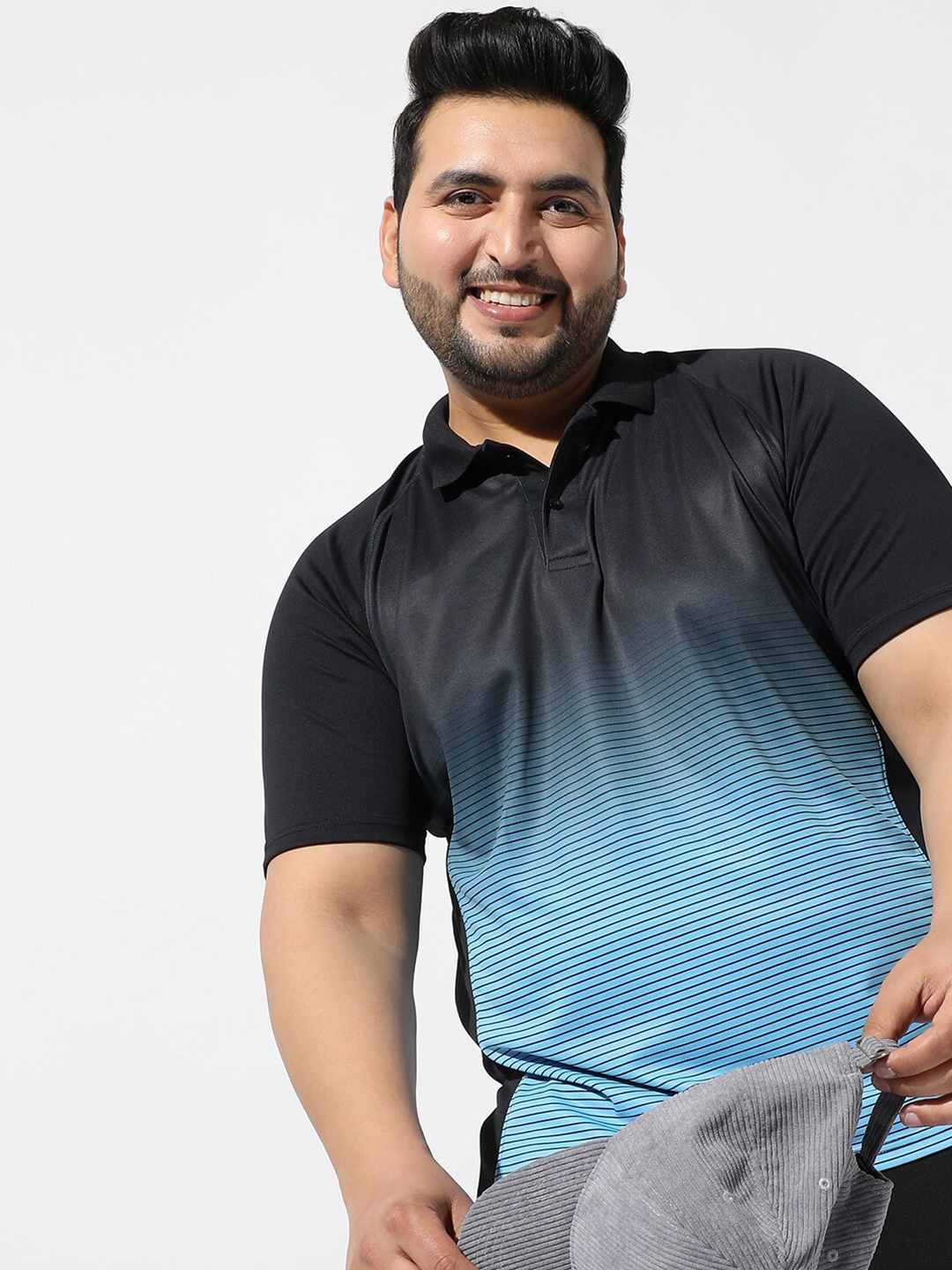 

Instafab Plus Size Ombre And Striped Polo Collar Flex Activewear T-shirt, Black