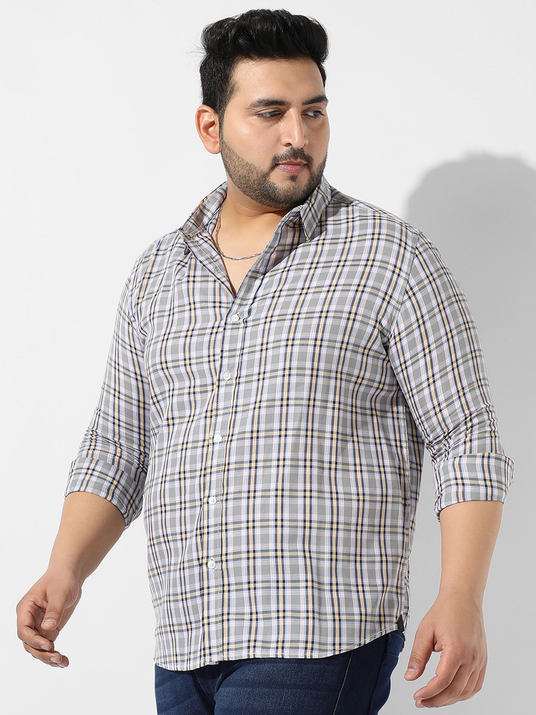 

Instafab Plus Plus Size Spread Collar Other Checks Cotton Casual Shirt, Grey