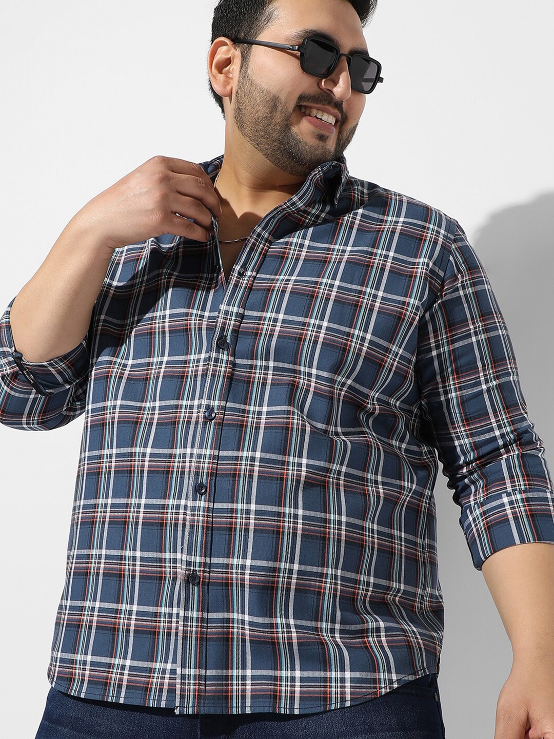 Instafab Plus Plus Size Spread Collar Tartan Checks Cotton Casual Shirt, Blue