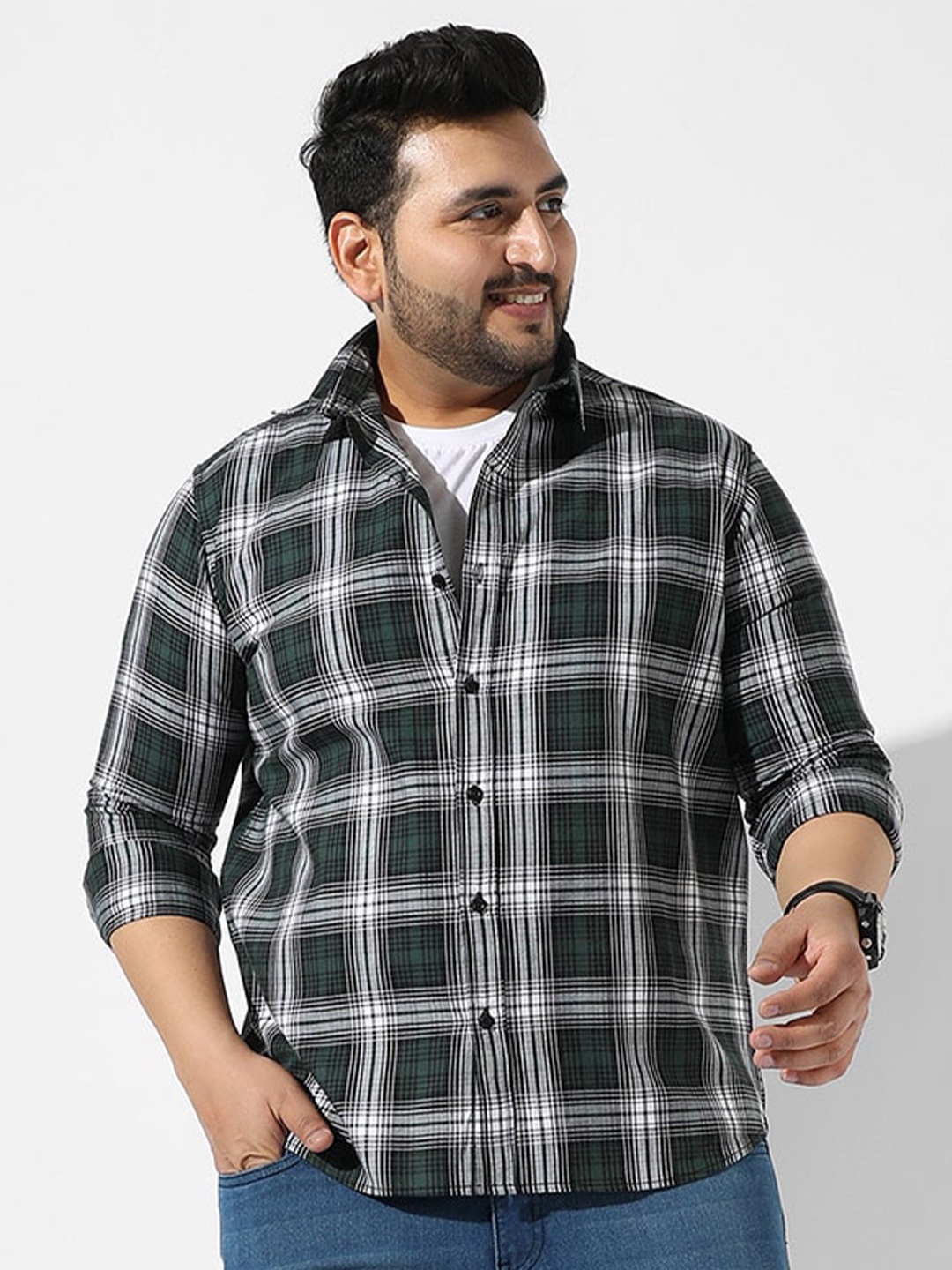 

Instafab Plus Plus Size Spread Collar Tartan Checks Cotton Casual Shirt, Green