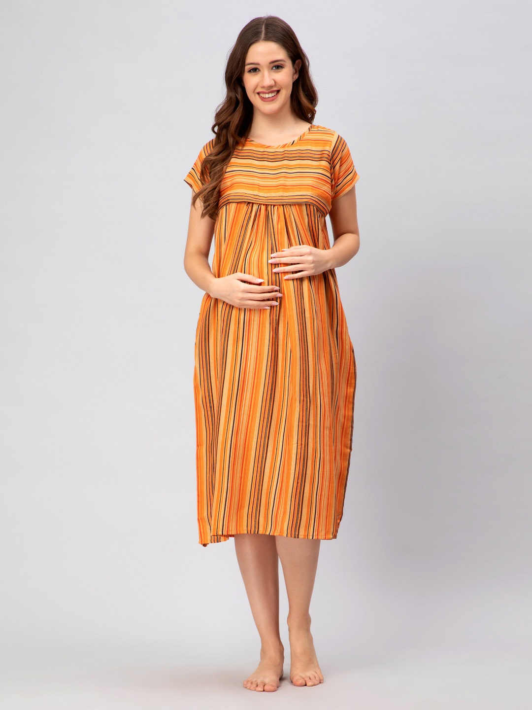 

CEE-18 Round Neck Striped Maternity Nightdress, Orange