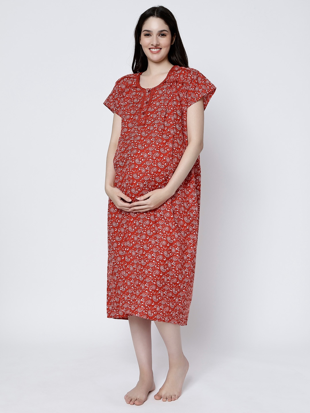 

CEE-18 Round Neck Ethnic Motifs Printed Maternity Nightdress, Red