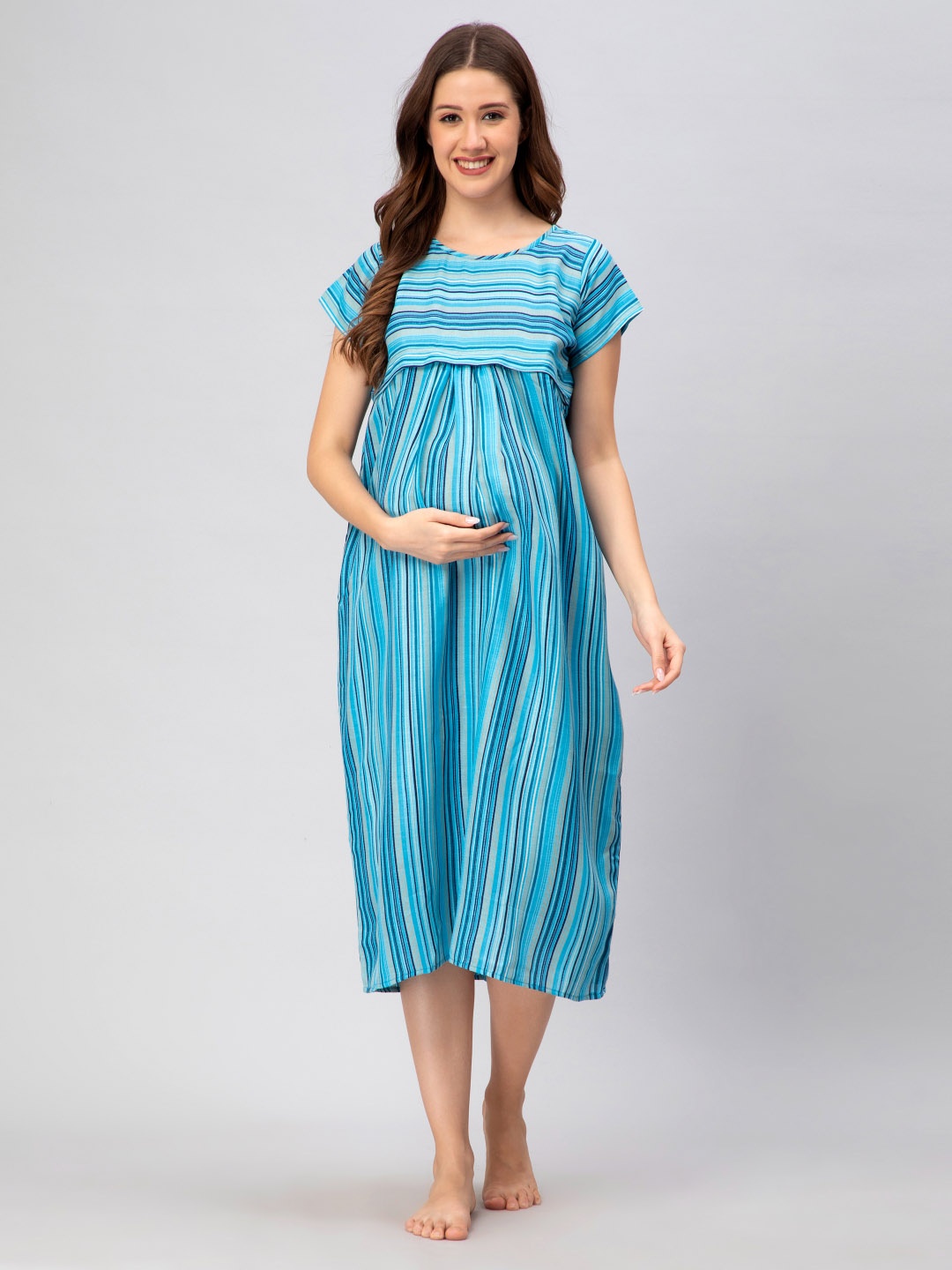 

CEE-18 Round Neck Striped Maternity Nightdress, Blue