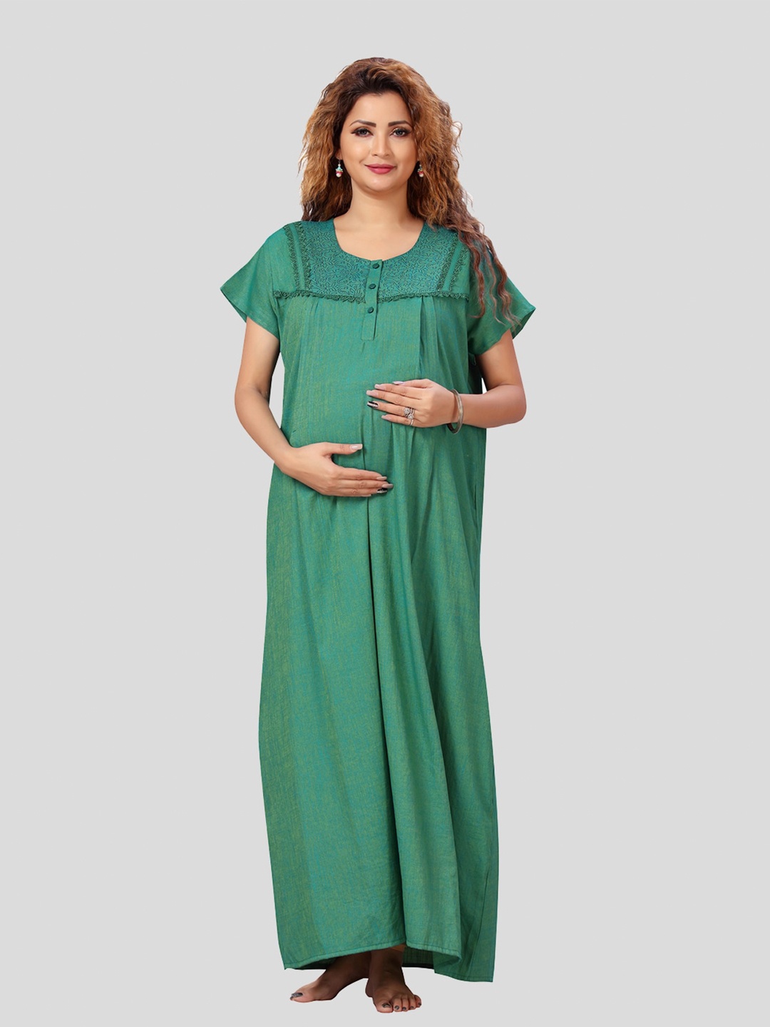 

CEE-18 Round Neck Short Sleeves Maxi Nightdress, Green