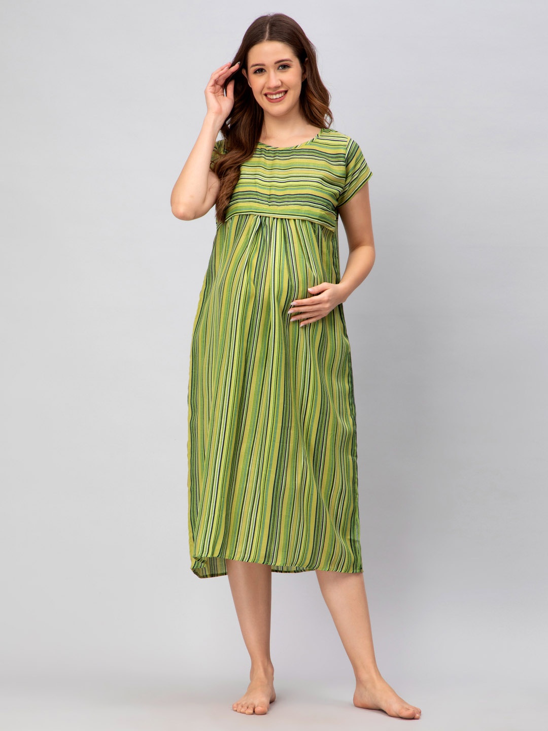 

CEE-18 Round Neck Striped Maternity Nightdress, Green