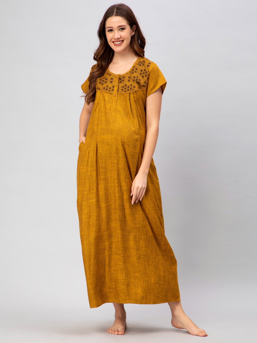 

CEE-18 Round Neck Maternity Maxi Nightdress, Yellow