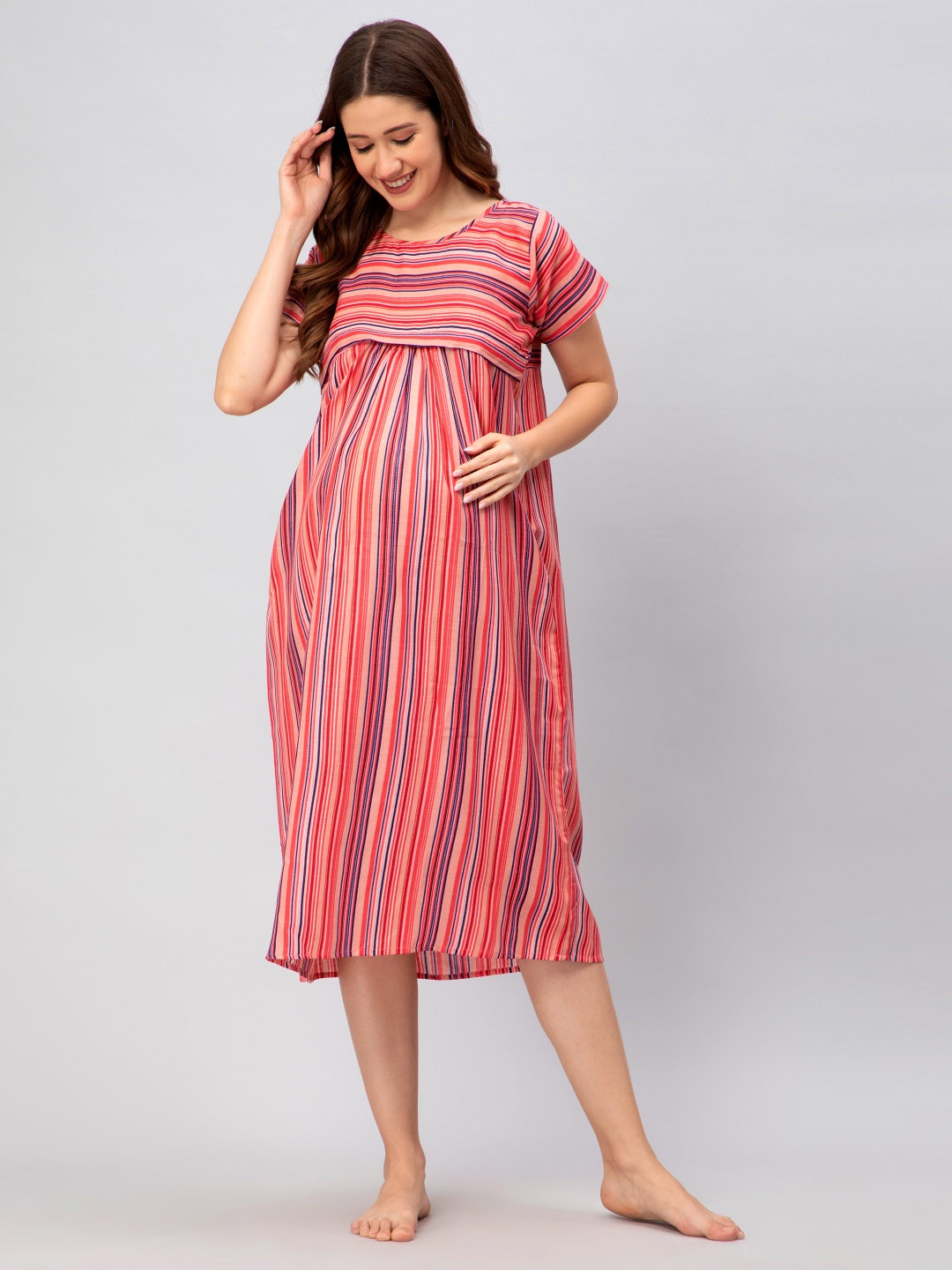 

CEE-18 Striped Round Neck Maxi Nightdress, Pink