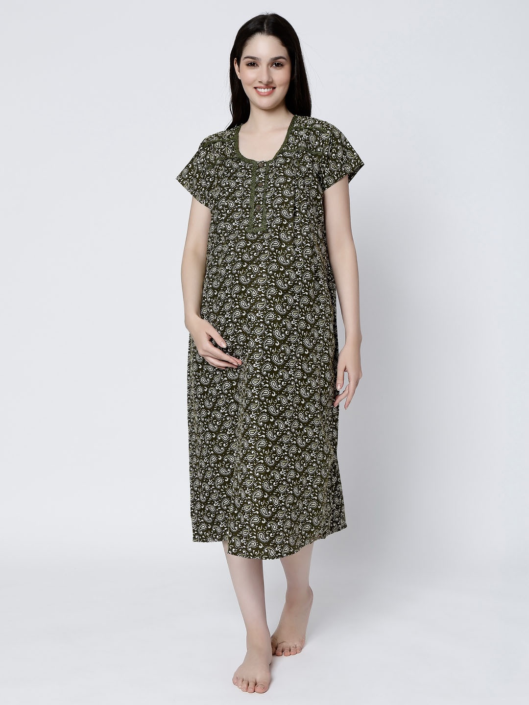 

CEE-18 Round Neck Ethnic Motifs Printed Maternity Nightdress, Green