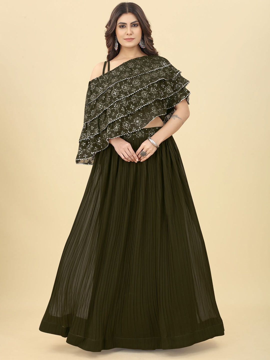 

KALINI Embroidered Sequinned Ready to Wear Lehenga, Olive