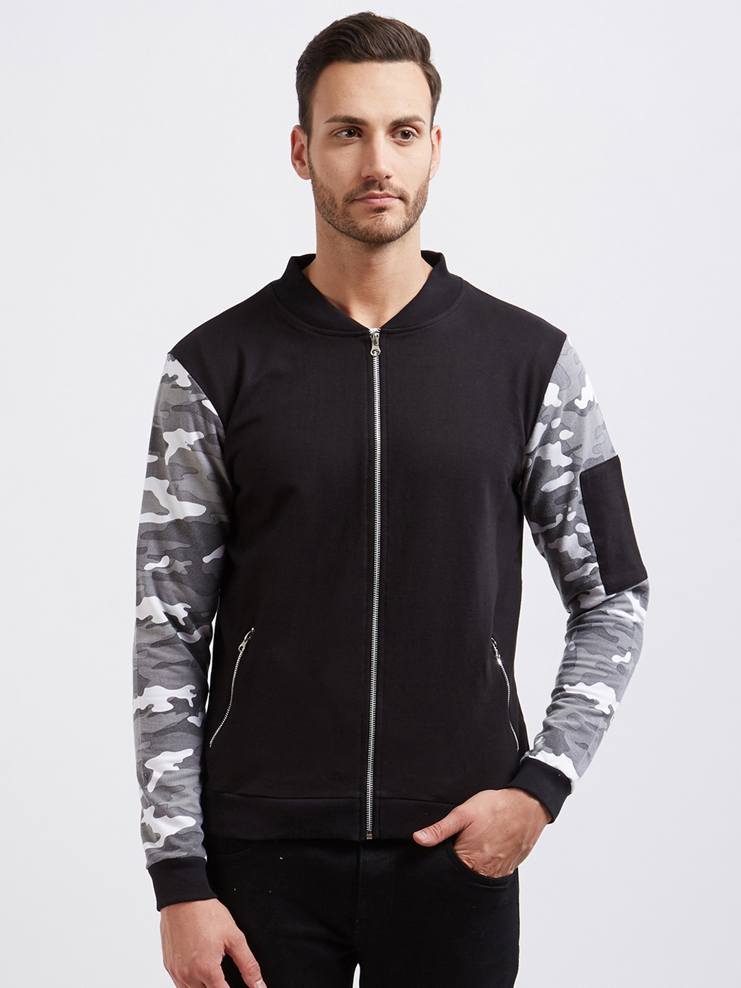 

DEEZENO Men Black Printed Bomber Jacket With Camouflage Print