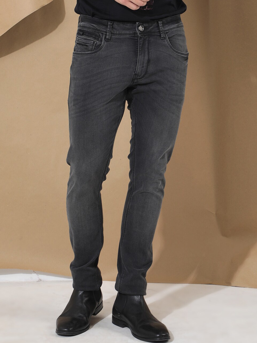 RARE RABBIT Men Veu Mid Rise Slim Fit Cotton Jeans, Grey