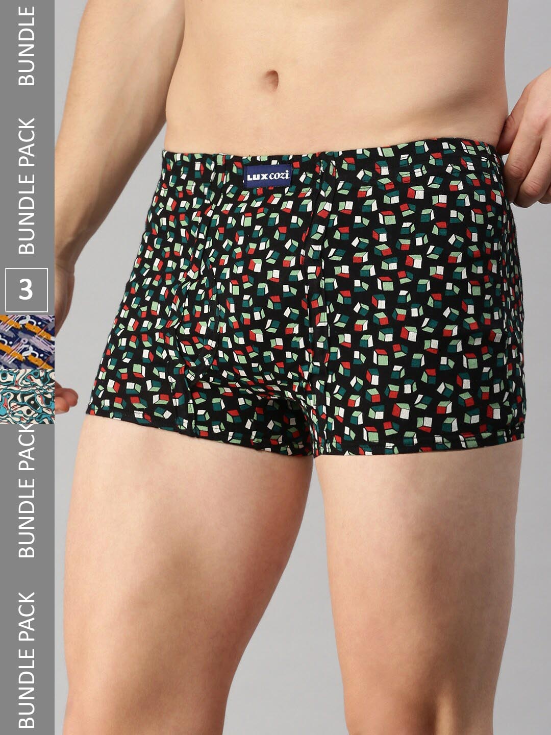 Lux Cozi Men Pack Of 3 Assorted Printed Outer Elastic Cotton Trunk