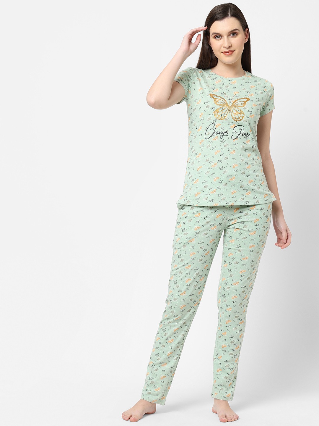 

Sweet Dreams Green & Black Floral Printed Pure Cotton Night Suit