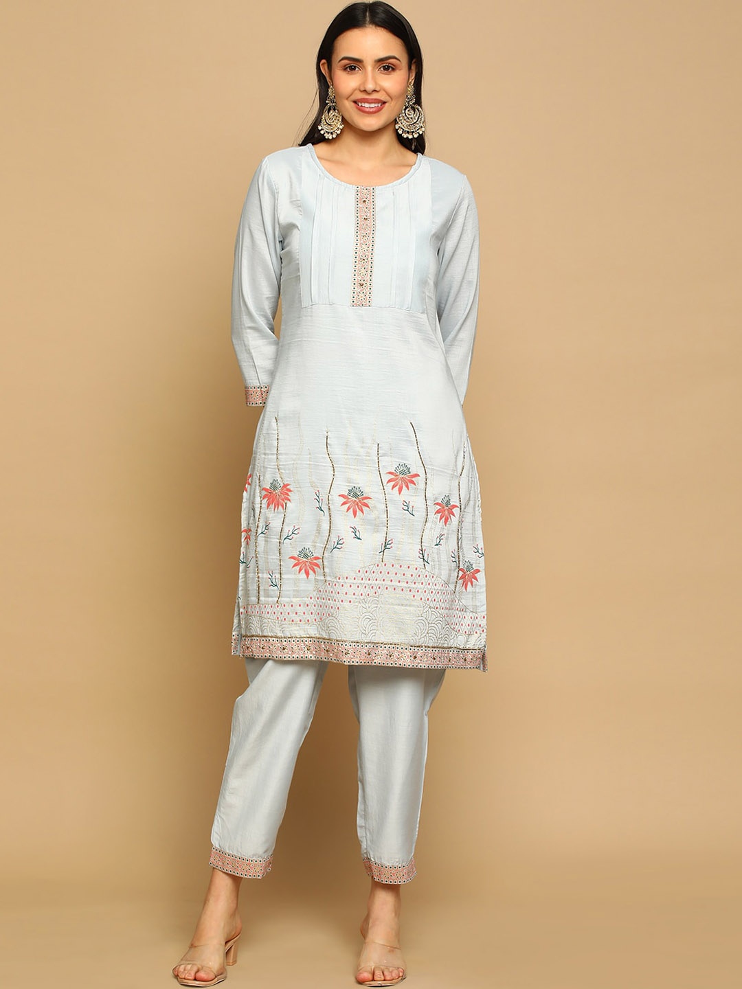 

HEEPOSH Floral Printed Beads Work Kurta with Trousers & Dupatta, Blue