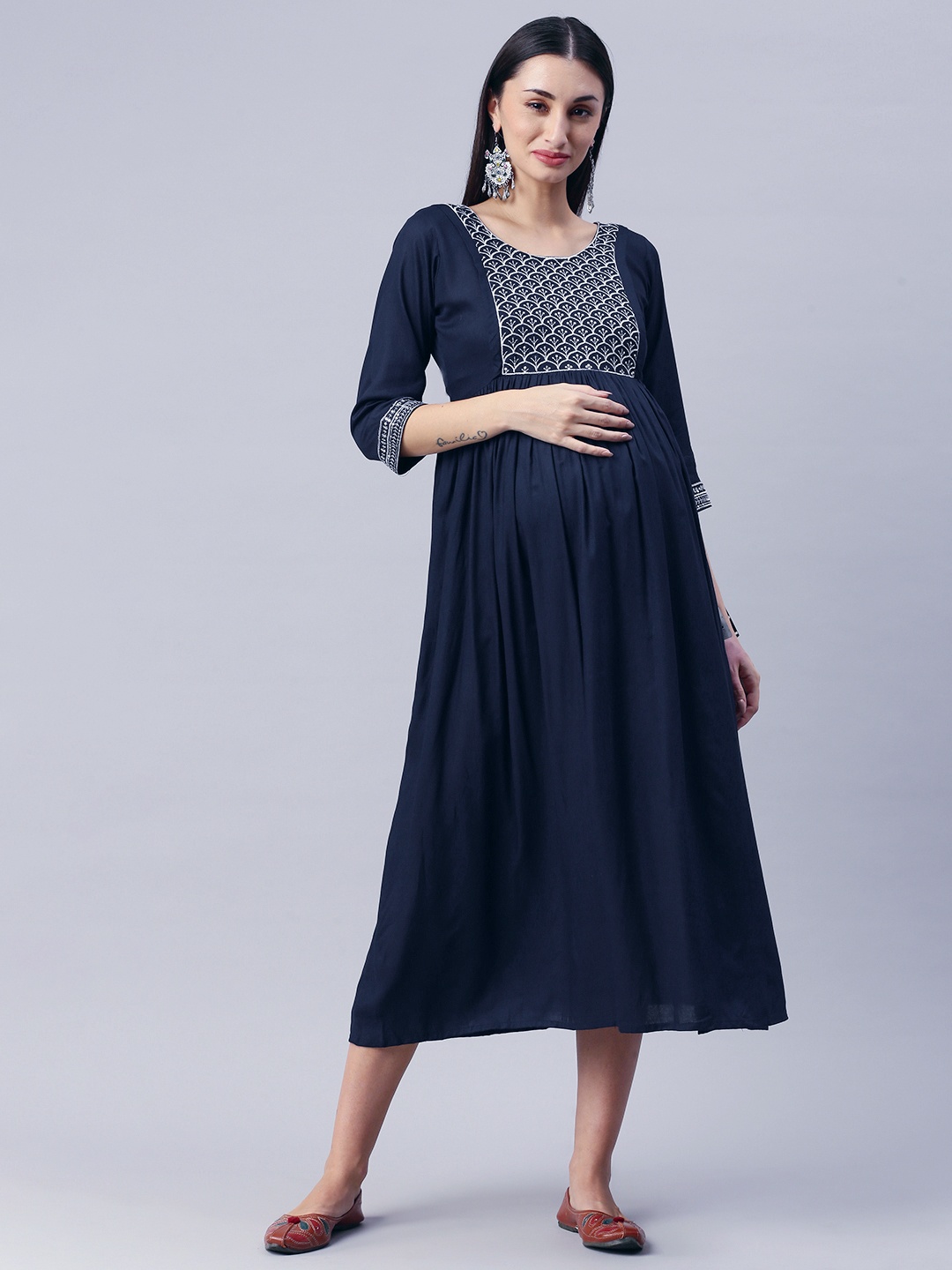 

Swishchick Maternity Embroidered Patch Dress, Navy blue