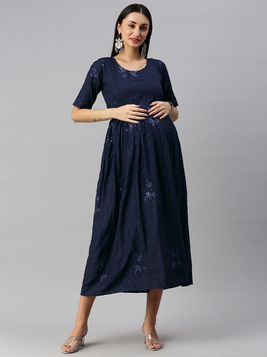 

Swishchick Maternity Sequin Embroidered Dress, Navy blue