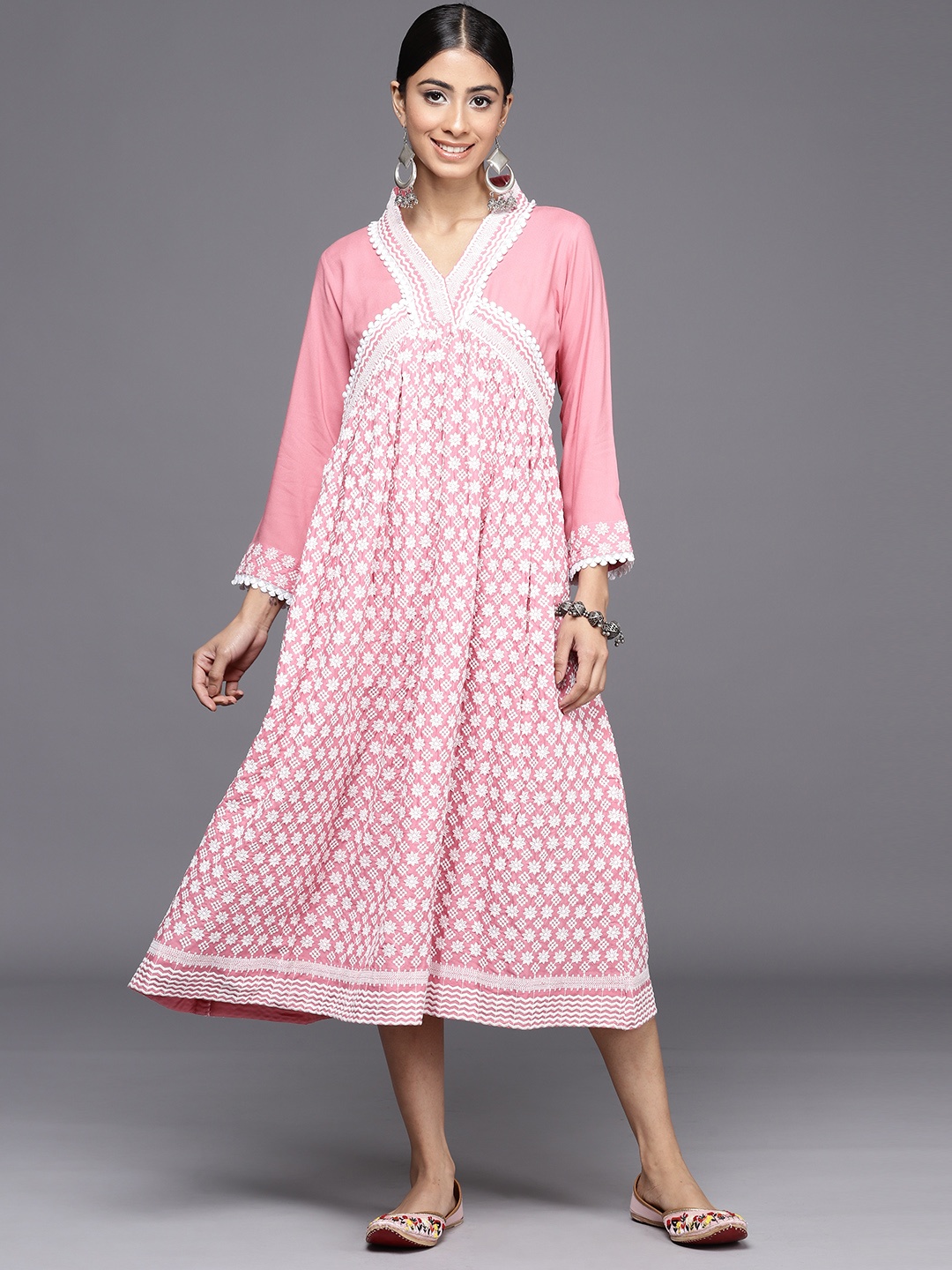 

Inddus Chikankari Embroidered A-line Midi Dress, Pink