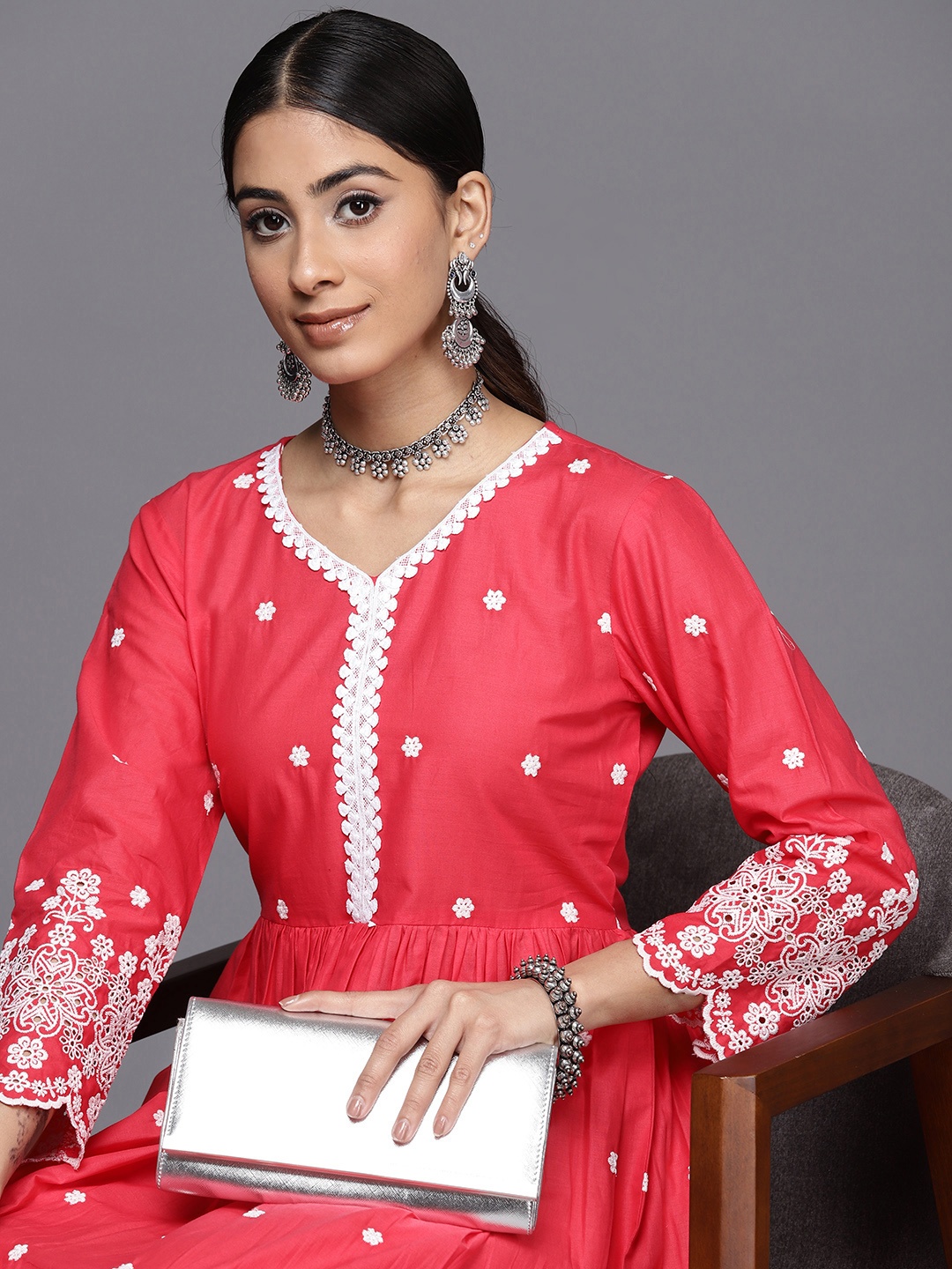 

Inddus Floral Embroidered Pleated Chikankari Kurta with Palazzos, Red