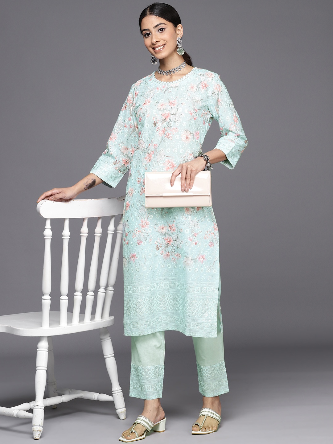

Inddus Floral Embroidered Regular Chikankari Kurta with Trousers, Turquoise blue