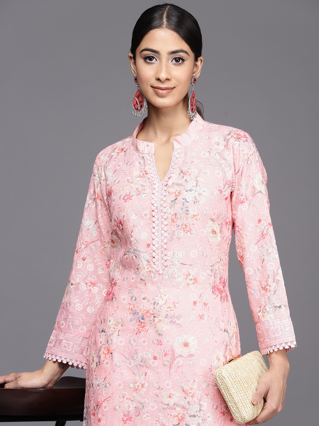 

Inddus Women Pink Floral Embroidered Regular Chikankari Kurta with Trousers