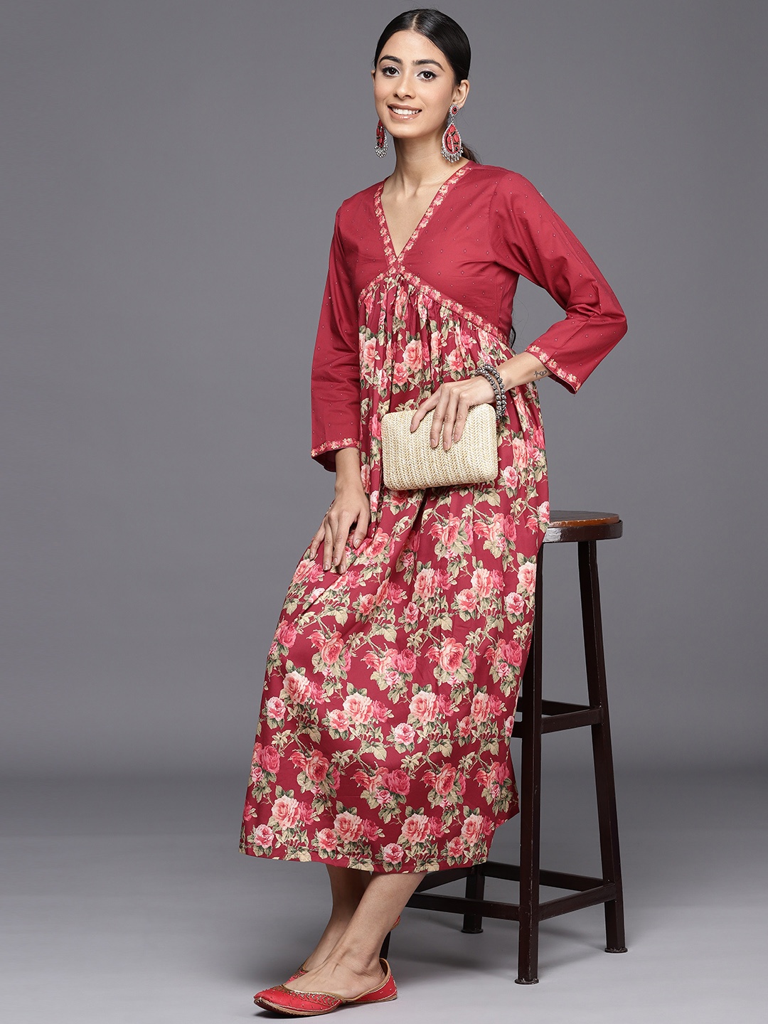 

Inddus Floral Printed Cotton A-line Midi Dress, Maroon
