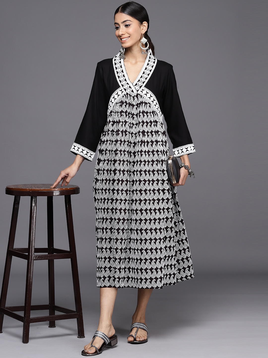 

Inddus Chikankari Embroidered A-Line Midi Dress, Black