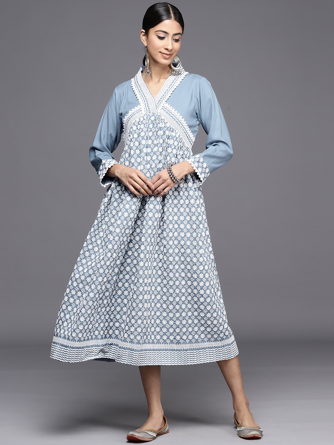 

Inddus Chikankari Embroidered A-Line Midi Dress, Grey