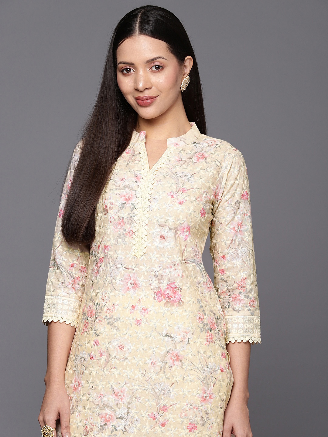 

Inddus Women Floral Print with Embroidery Chikankari Cotton Kurta with Trousers, Yellow