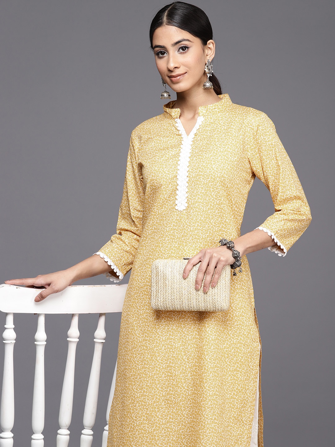 

Inddus Ethnic Motifs Printed Regular Chikankari Pure Cotton Kurta With Palazzos, Mustard