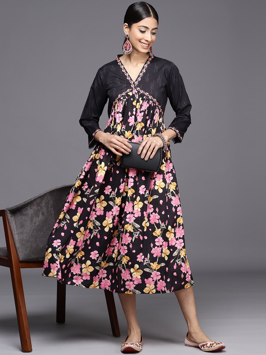 

Inddus Floral Printed A-Line Cotton Midi Dress, Black