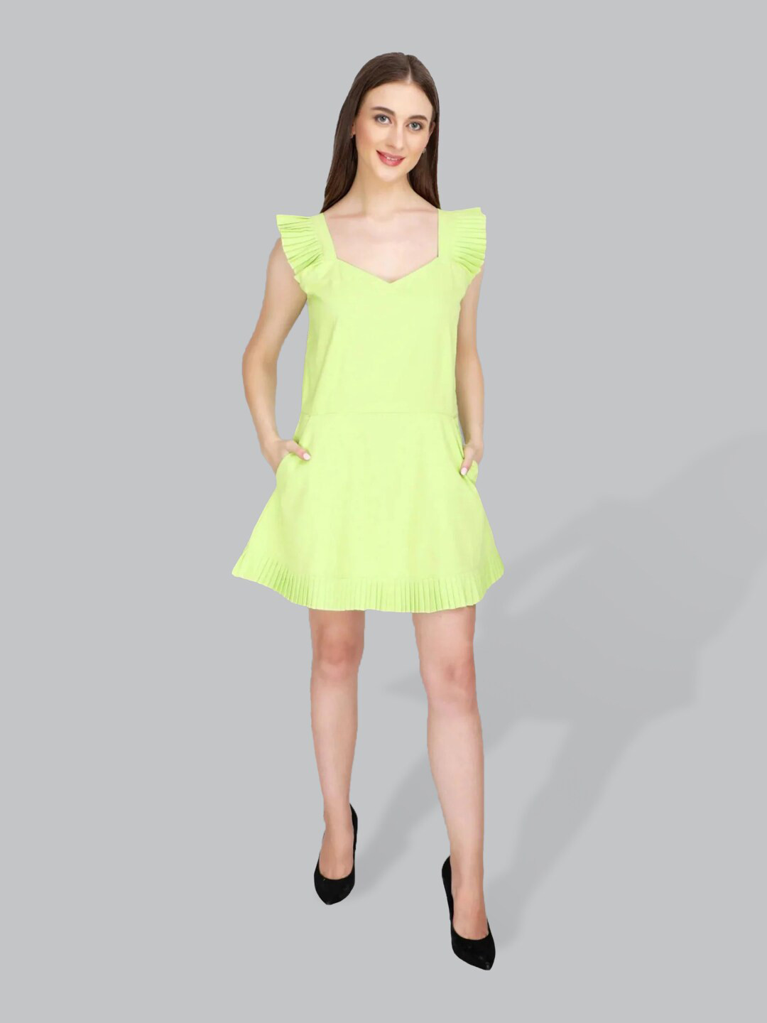 

CUFFS N LASHES Flutter Sleeves Cotton A-Line Mini Dress, Fluorescent green