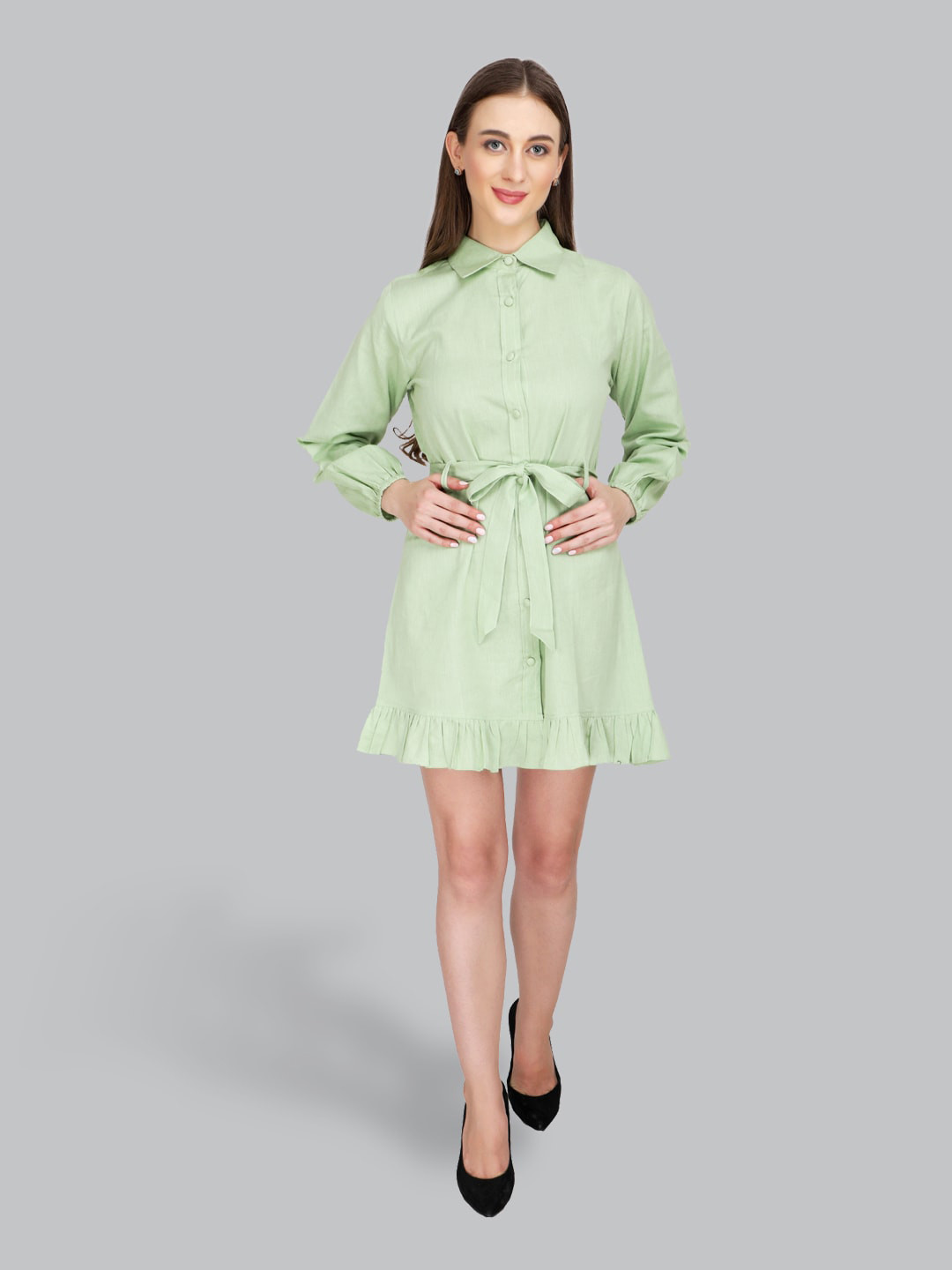 

CUFFS N LASHES Cuffed Sleeves Shirt Dress With Belt, Sea green