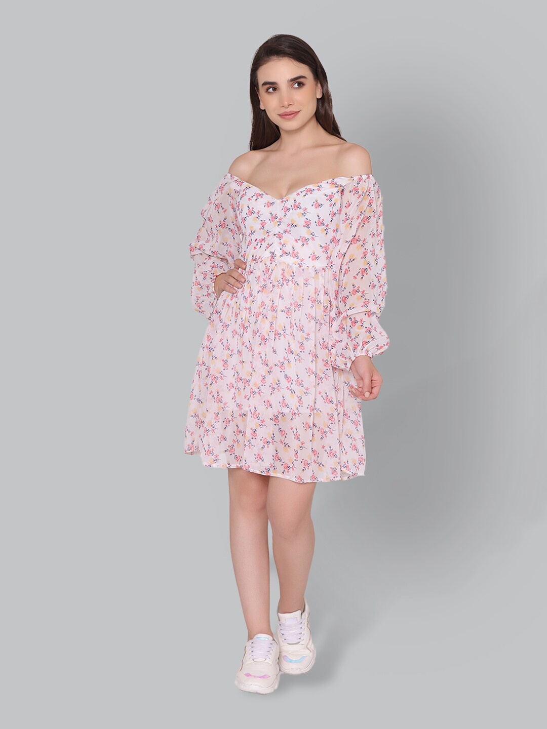 CUFFS N LASHES Floral Printed Off-Shoulder A-Line Dress, Pink