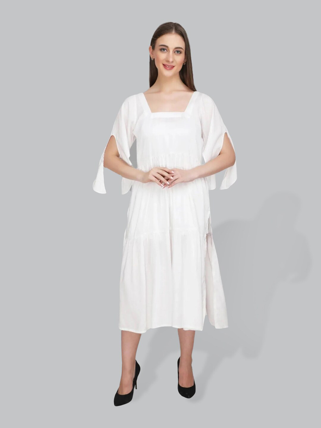 

CUFFS N LASHES Slit Sleeves Tiered Cotton Fit & Flare Midi Dress, White
