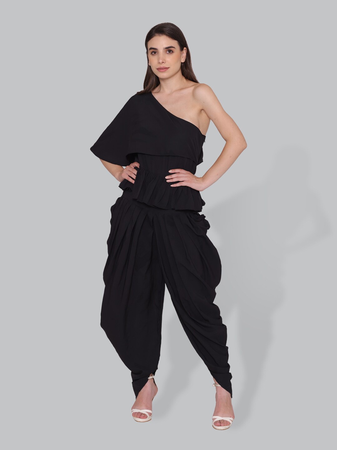 

CUFFS N LASHES Ruffled One Shoulder Top With Dhoti Pants, Black