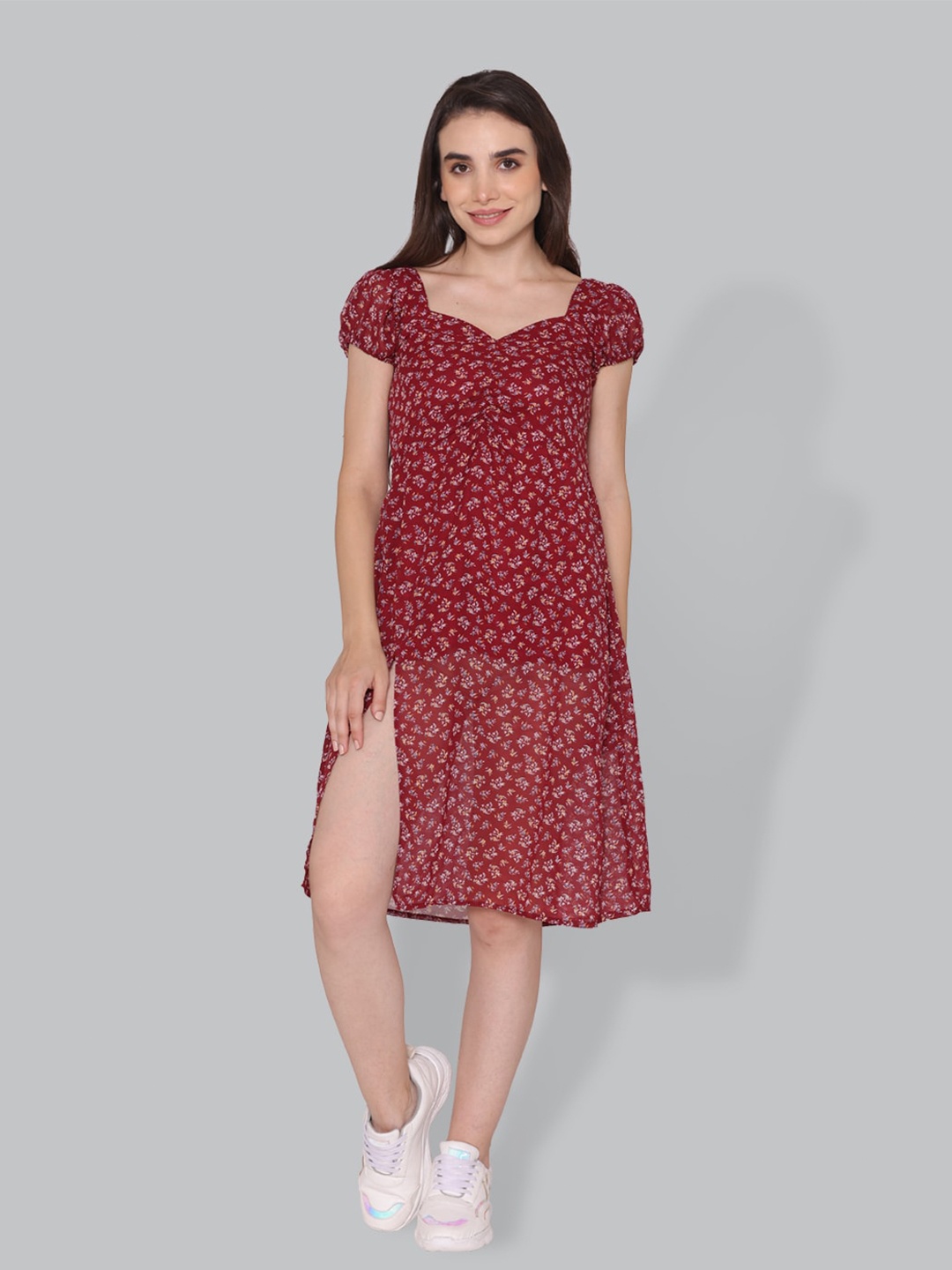 

CUFFS N LASHES Floral Printed Puff Sleeves Ruched A-Line Dress, Maroon