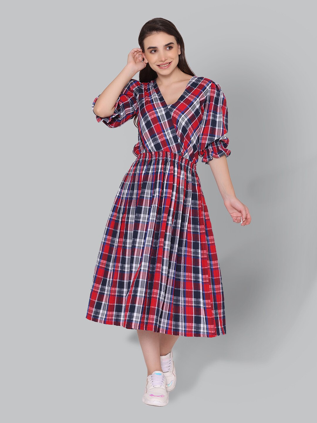 

CUFFS N LASHES Checked Puff Sleeves A-Line Midi Dress, Red