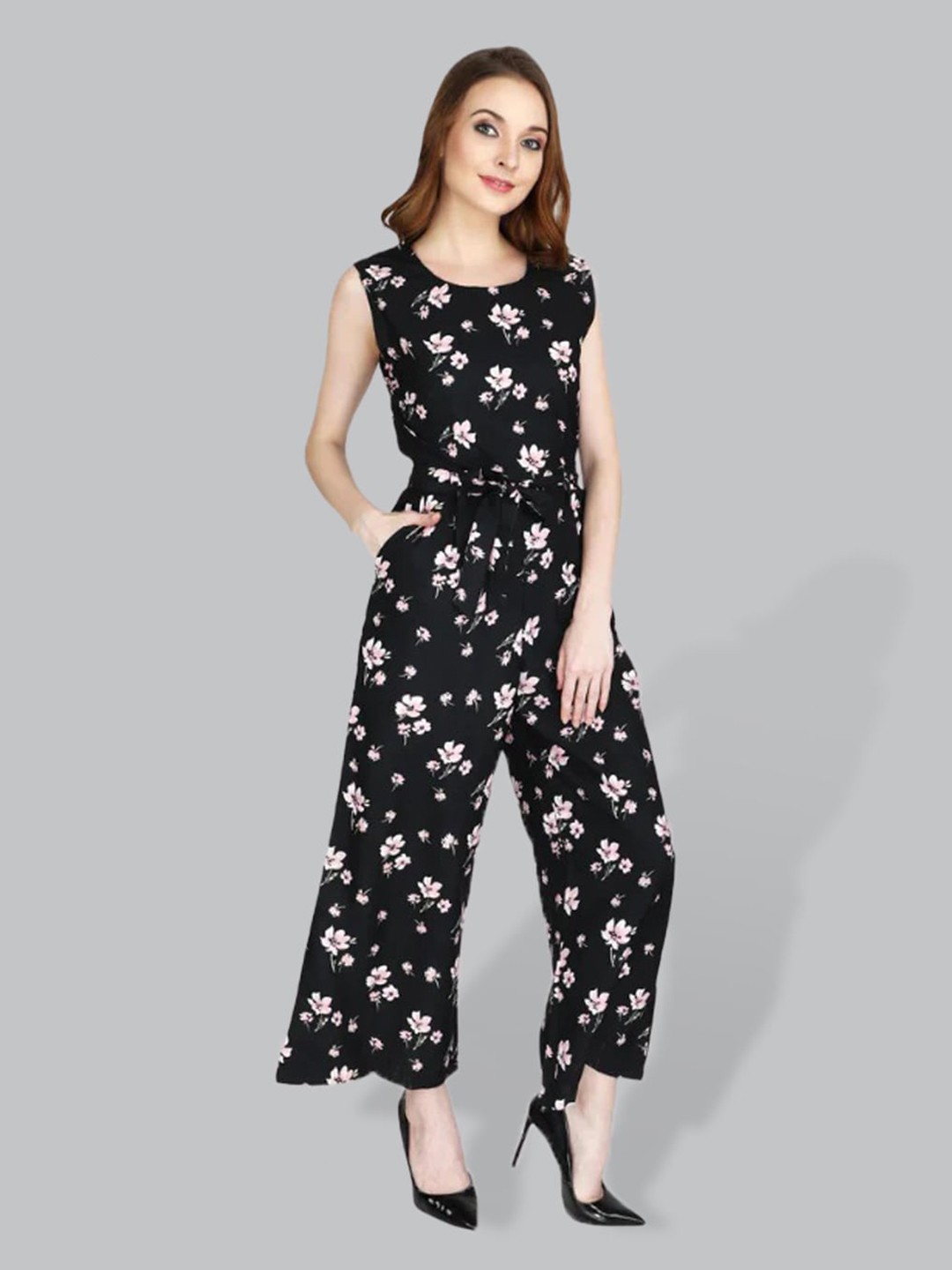 

CUFFS N LASHES Floral Printed Sleeveless Basic Jumpsuit, Black