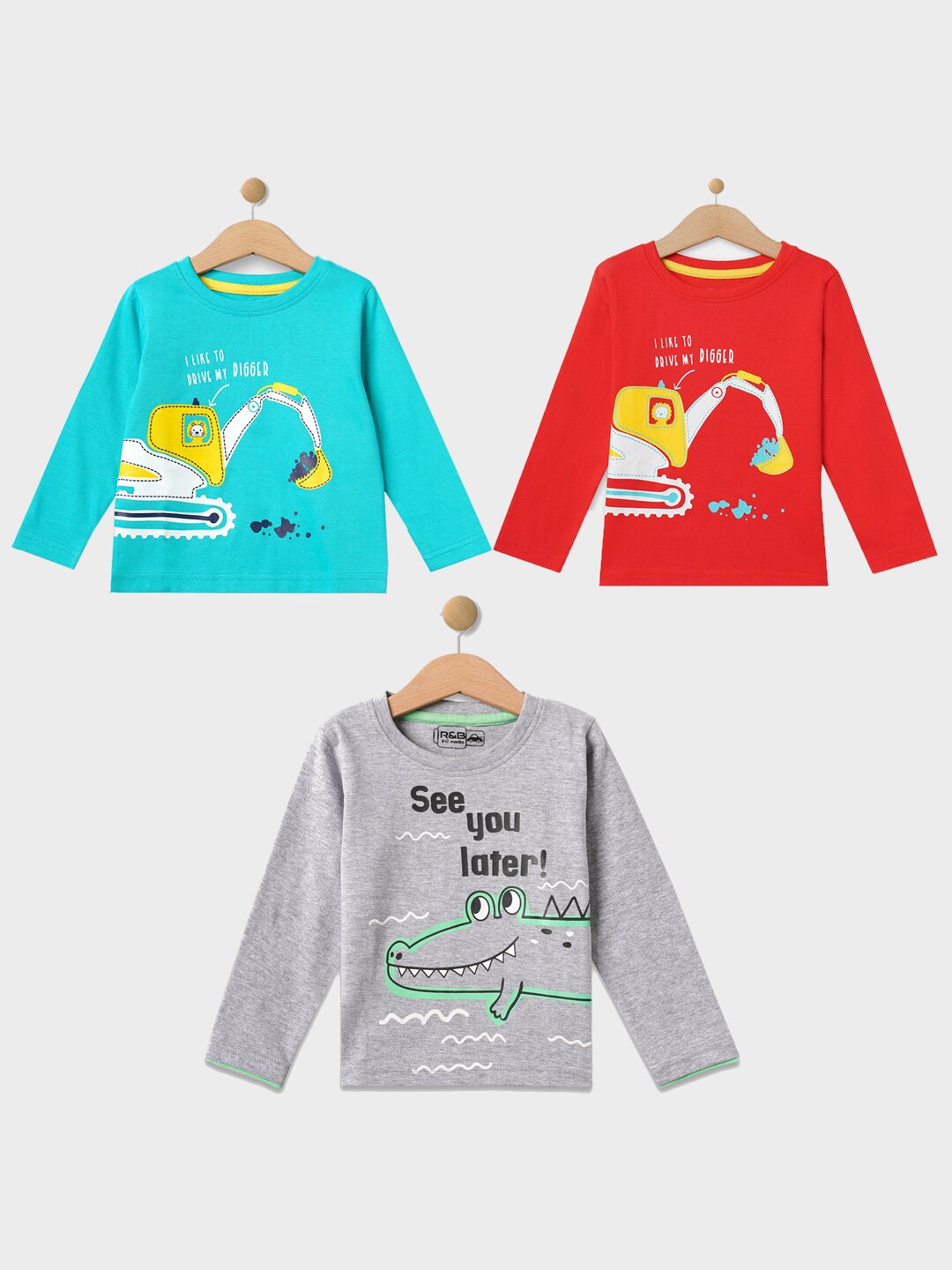 

R&B Boys Pack Of 3 Graphic Printed Round Neck Cotton T-shirts, Blue