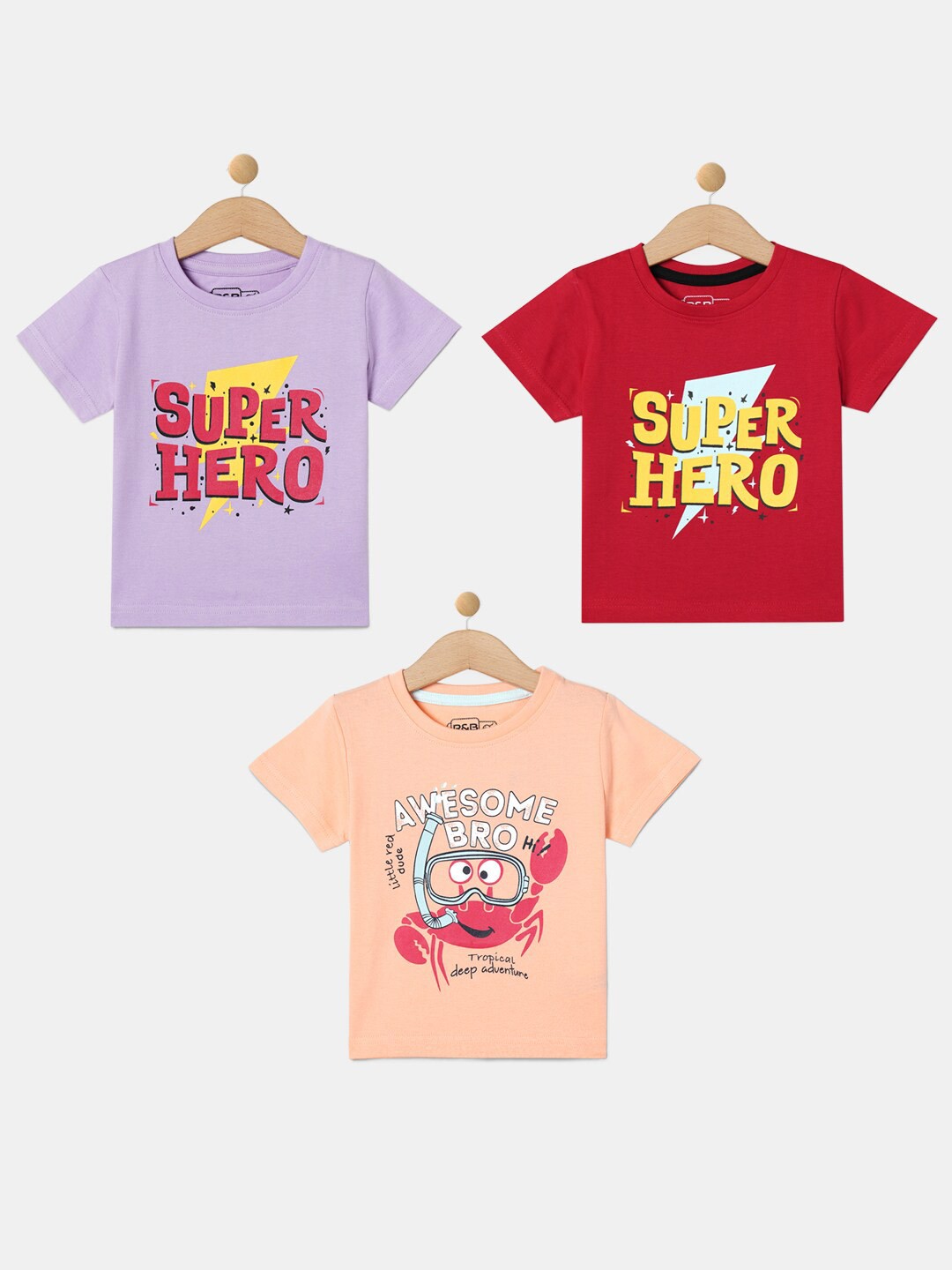 

R&B Boys Pack Of 3 Typography Printed Round Neck Cotton T-shirts, Lavender