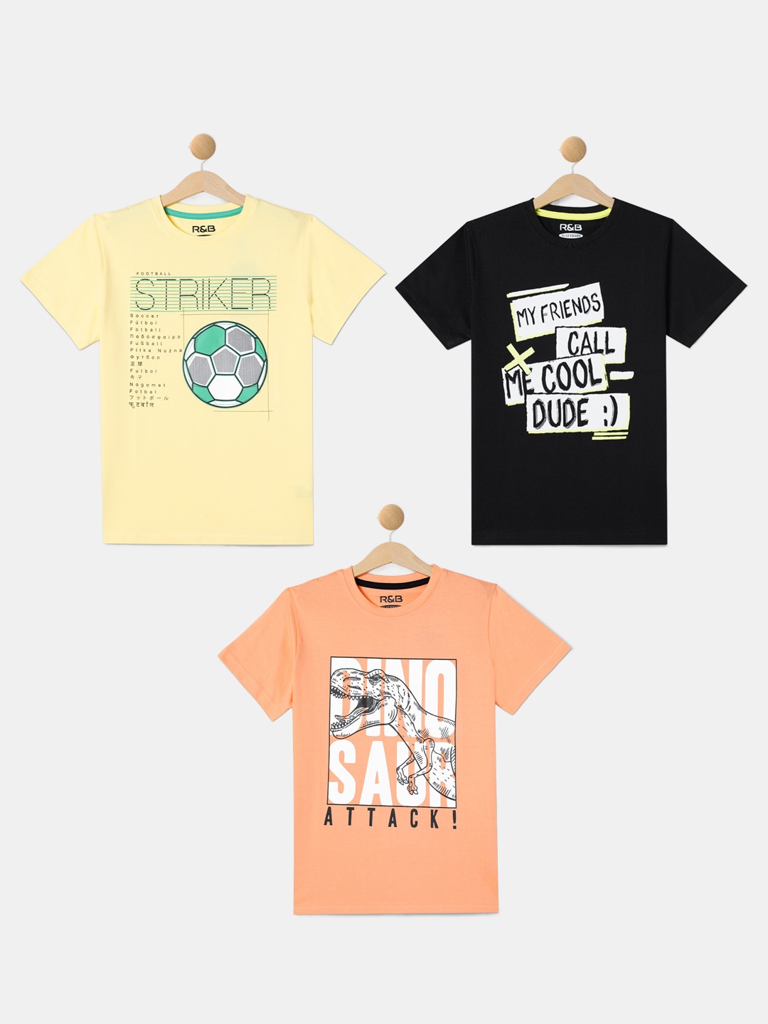 

R&B Boys Pack Of 3 Typography Printed Round Neck Cotton T-shirts, Yellow