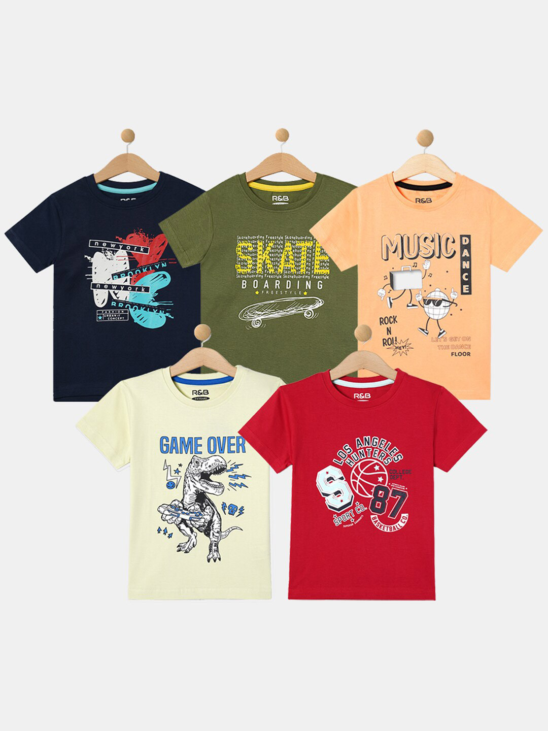 

R&B Boys Pack Of 5 Typography Printed Round Neck Cotton T-shirts, Navy blue